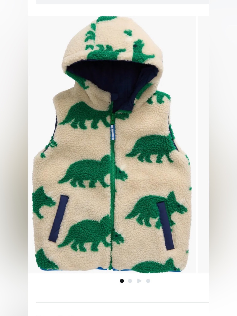 Mini Boden reversible Sherpa Hooded Vest with Green Dinosaur Pattern